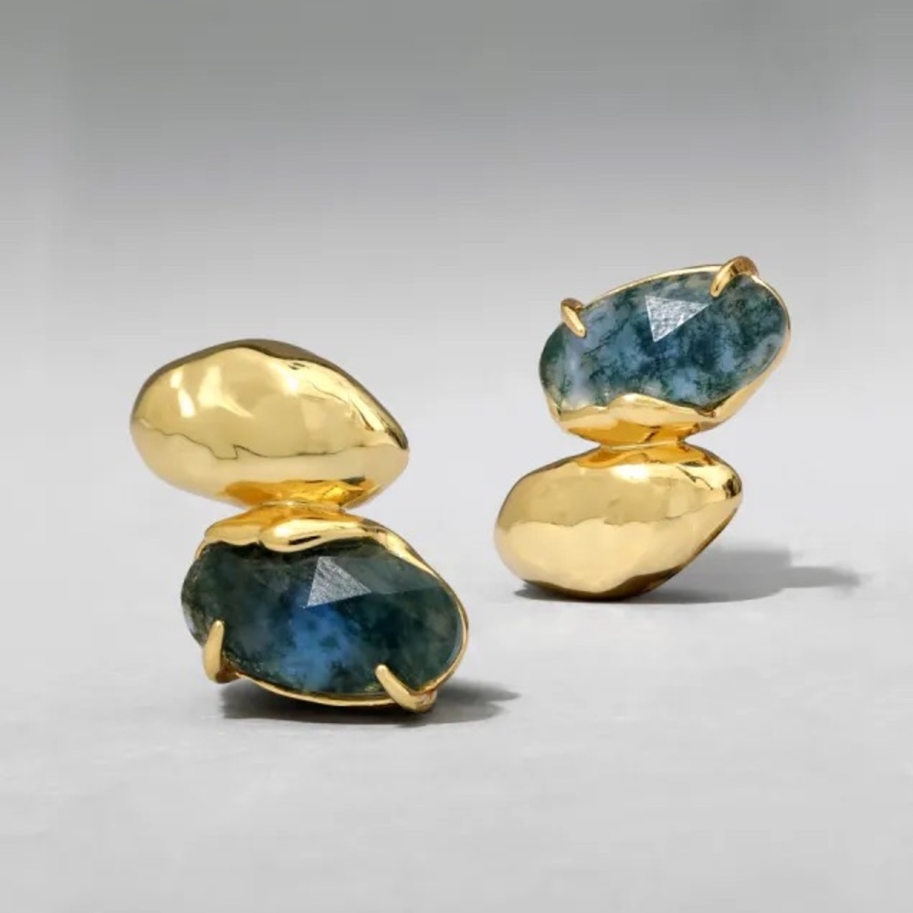 Alexis Bittar Brut Moss Agate Mismatch Gold Earrings